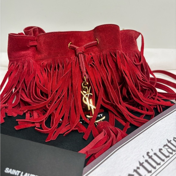 Authentic YSL Yves Saint Laurent red suede fringe bag w duster cards certificate - Picture 1 of 15